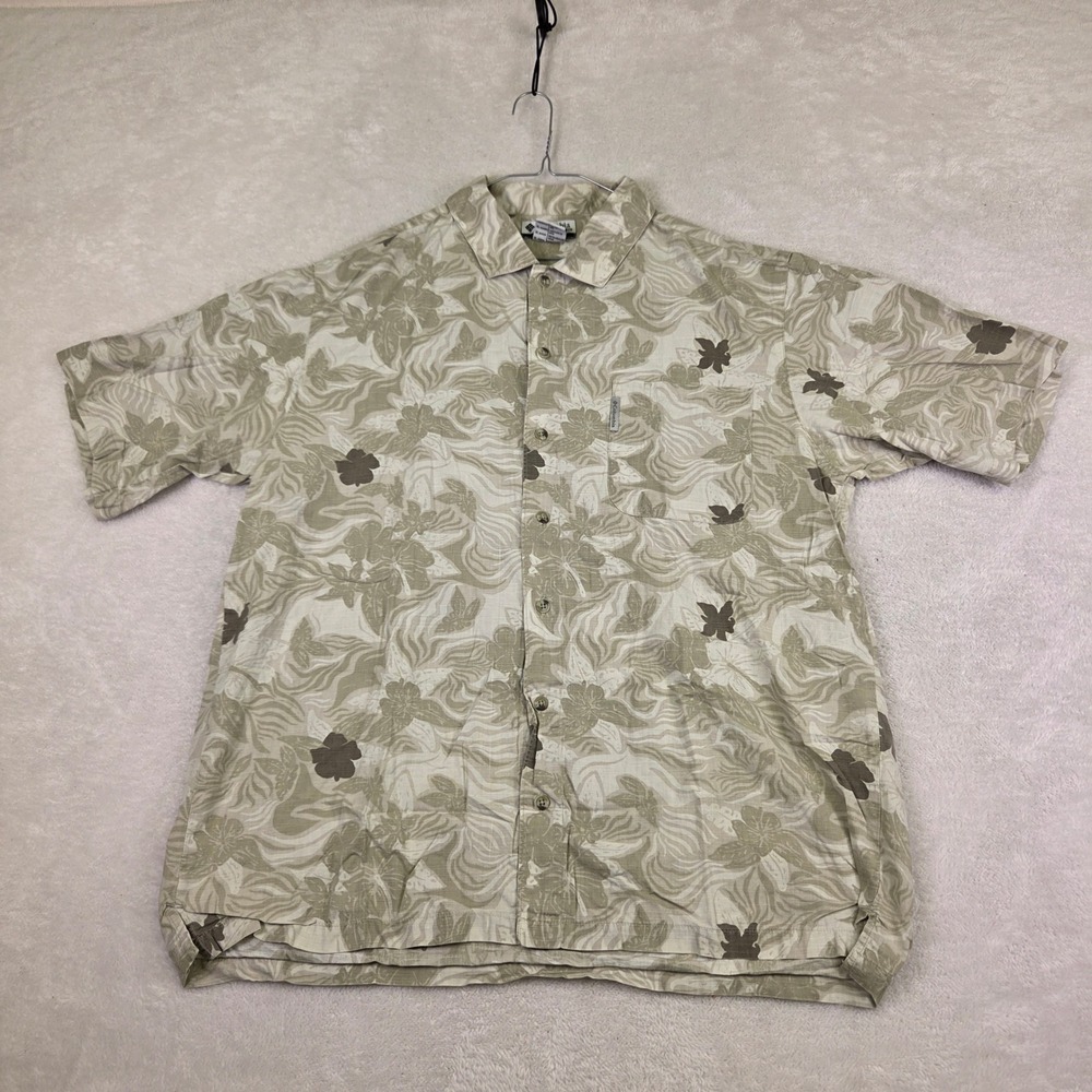 Columbia Mens XL Short Sleeve Floral Palm Print Button Down Shirt Sage Green